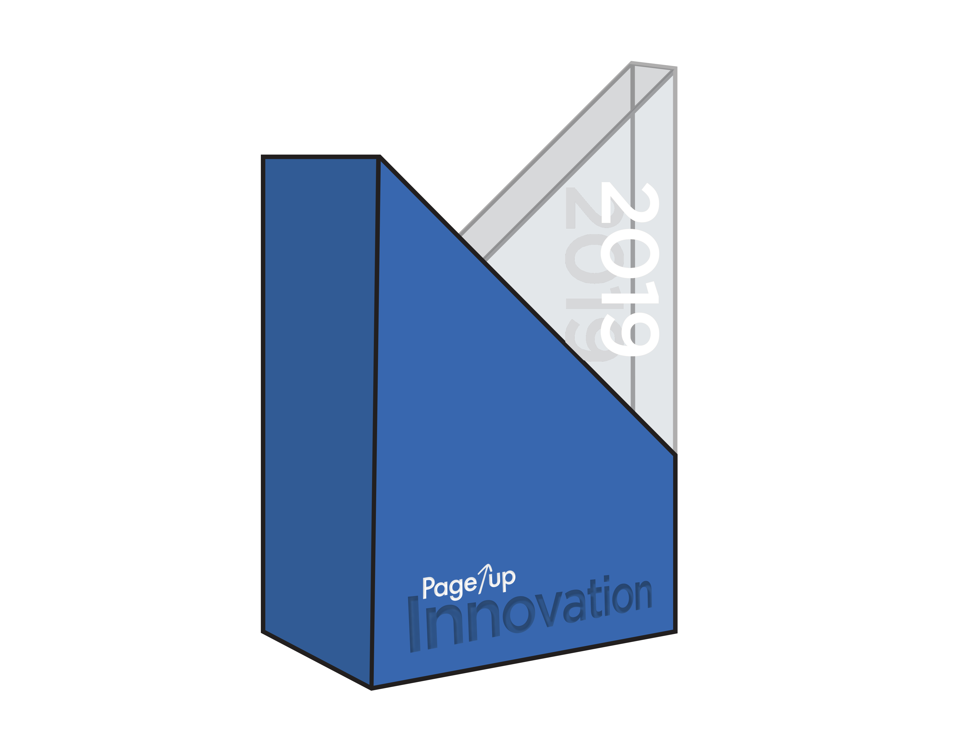 Original 2019 Page Up Innovation Award rendering, with a blue angular body and a clear wedge carrying the year vertically
