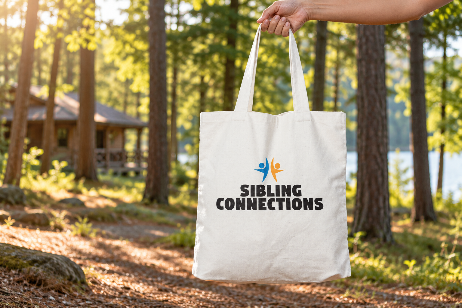 Sibling Connections tote in an outdoor setting with the original orange and blue identity