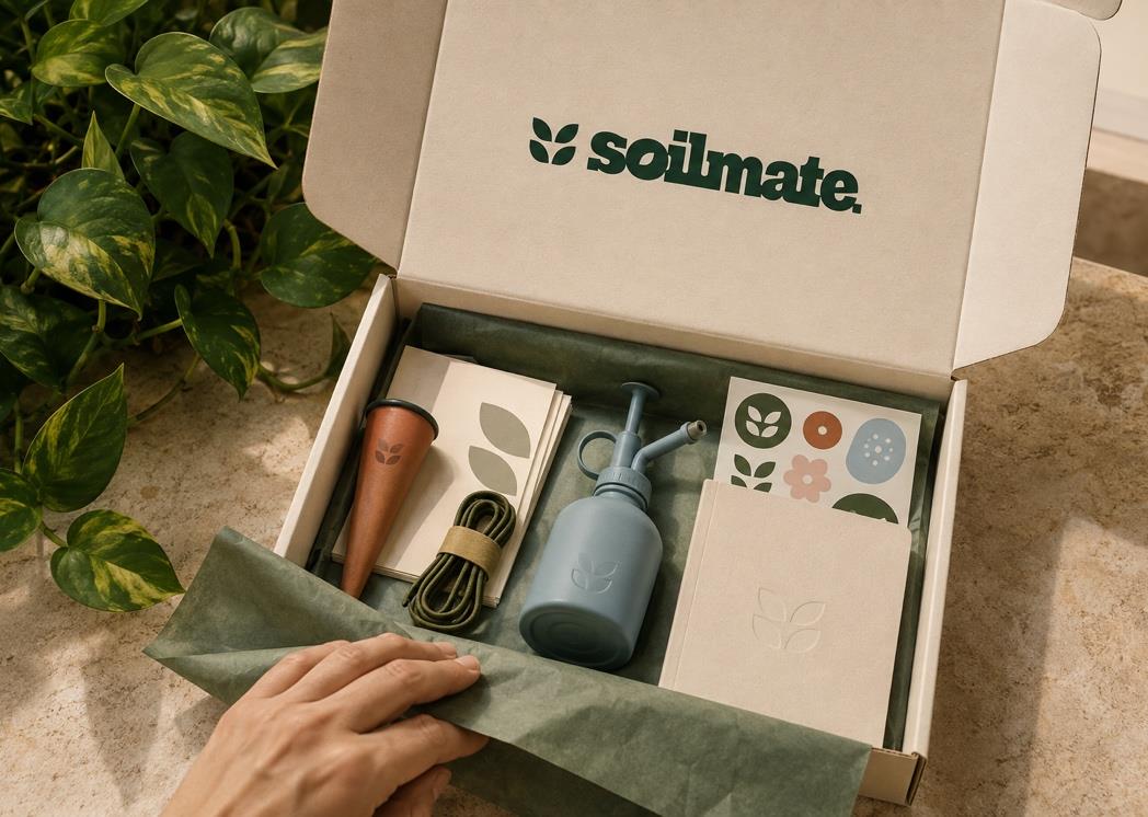 Soilmate welcome kit with branded packaging and plant-care materials