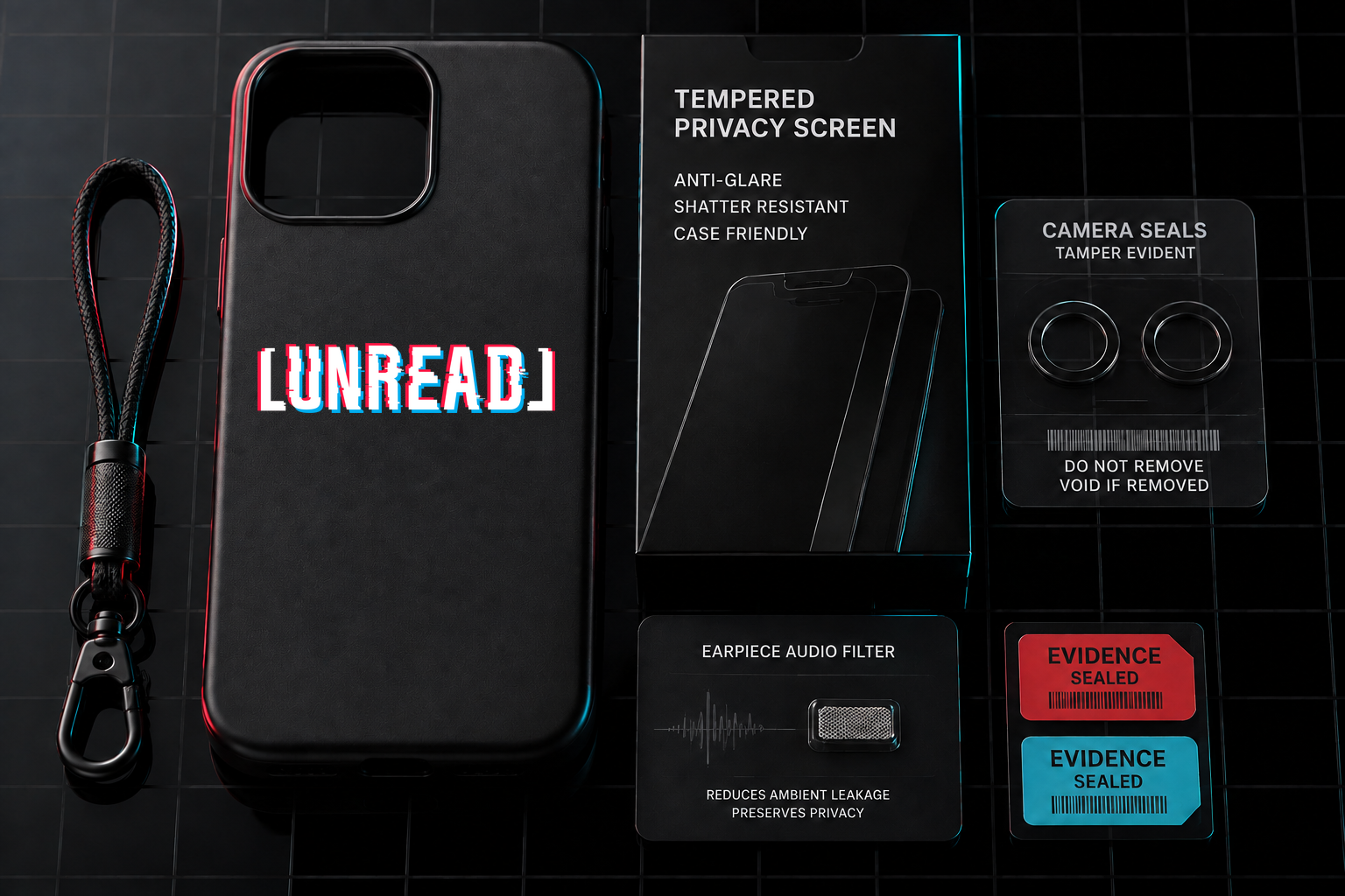 UNREAD device kit with phone case, privacy screen, camera seals and evidence labels