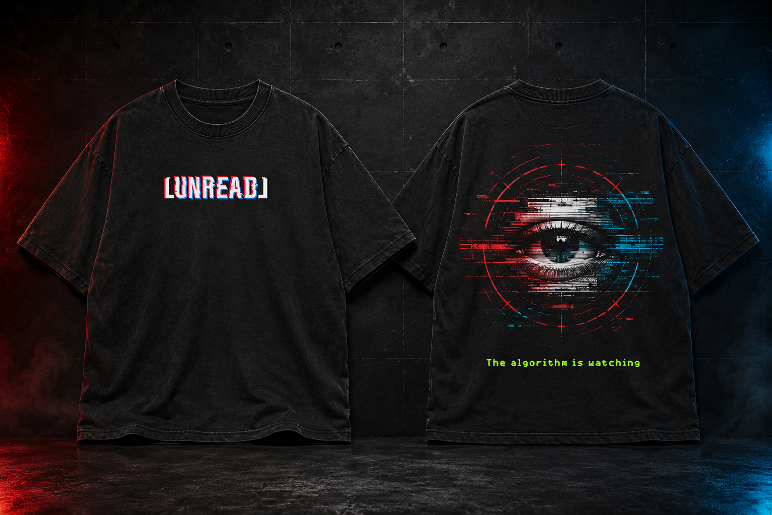 Front and back of the UNREAD observer tee with surveillance eye artwork